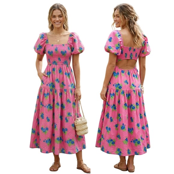 Moon River Pink Floral Smocked Maxi Dress Puff Sleeve Cutout Back Small - Picture 8 of 8